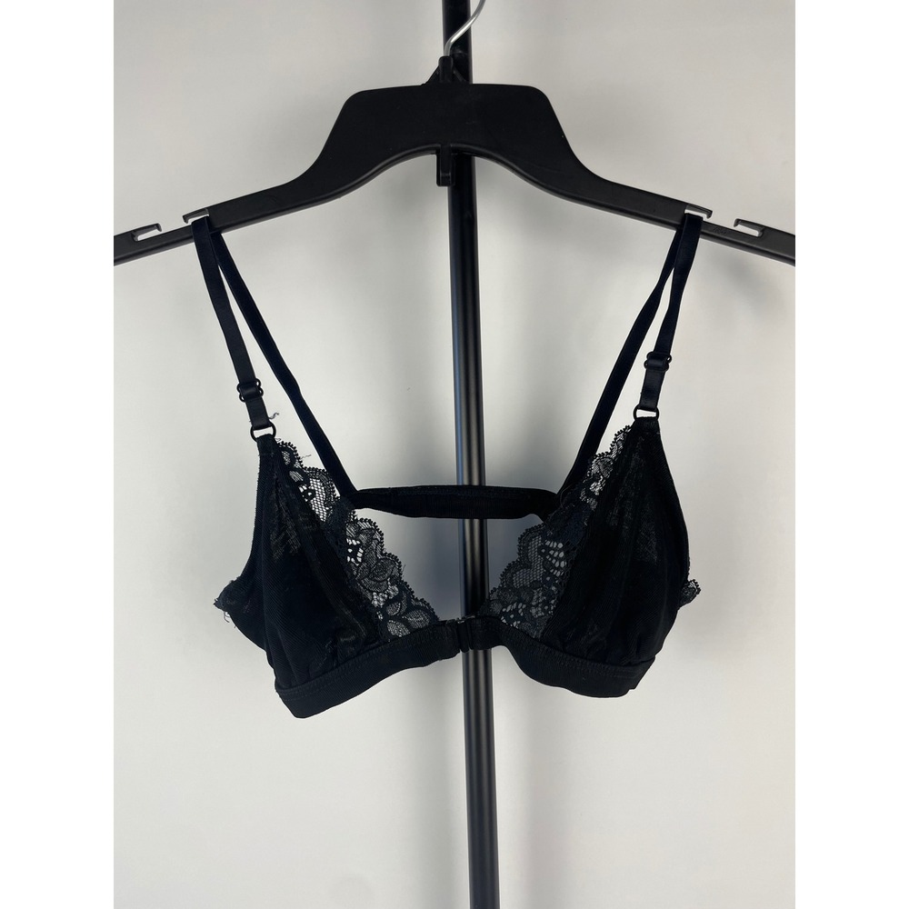 Natori II Black Lace Front Clasp Bralette Wireless Bra Floral Trim 24028 Size 32